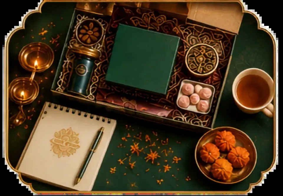 Fine details inside a custom Diwali hamper with sweets, dry fruits and personalised drinkware