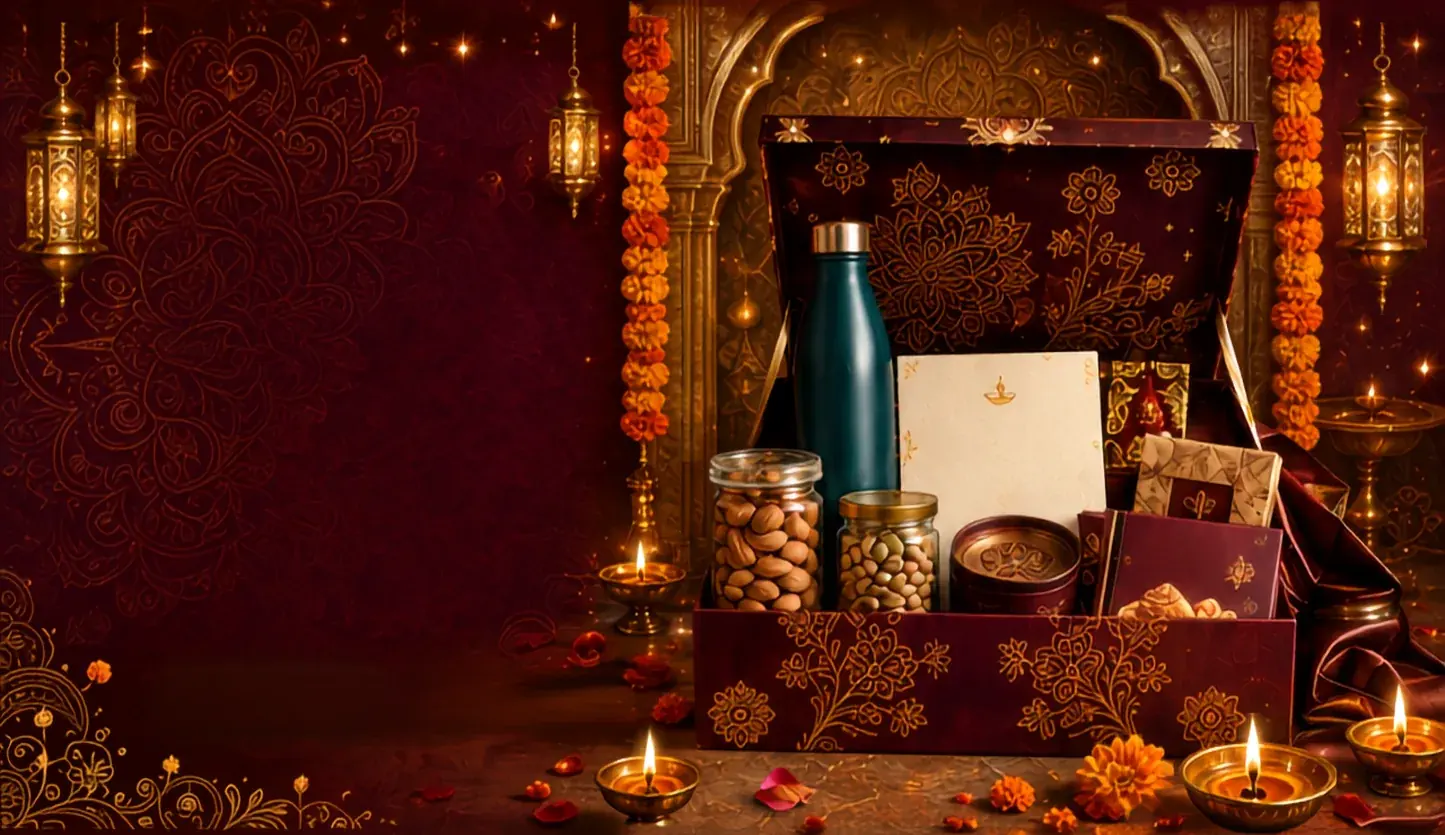 An open burgundy Diwali hamper with gold detailing, dry fruits, sweets and glowing brass diyas
